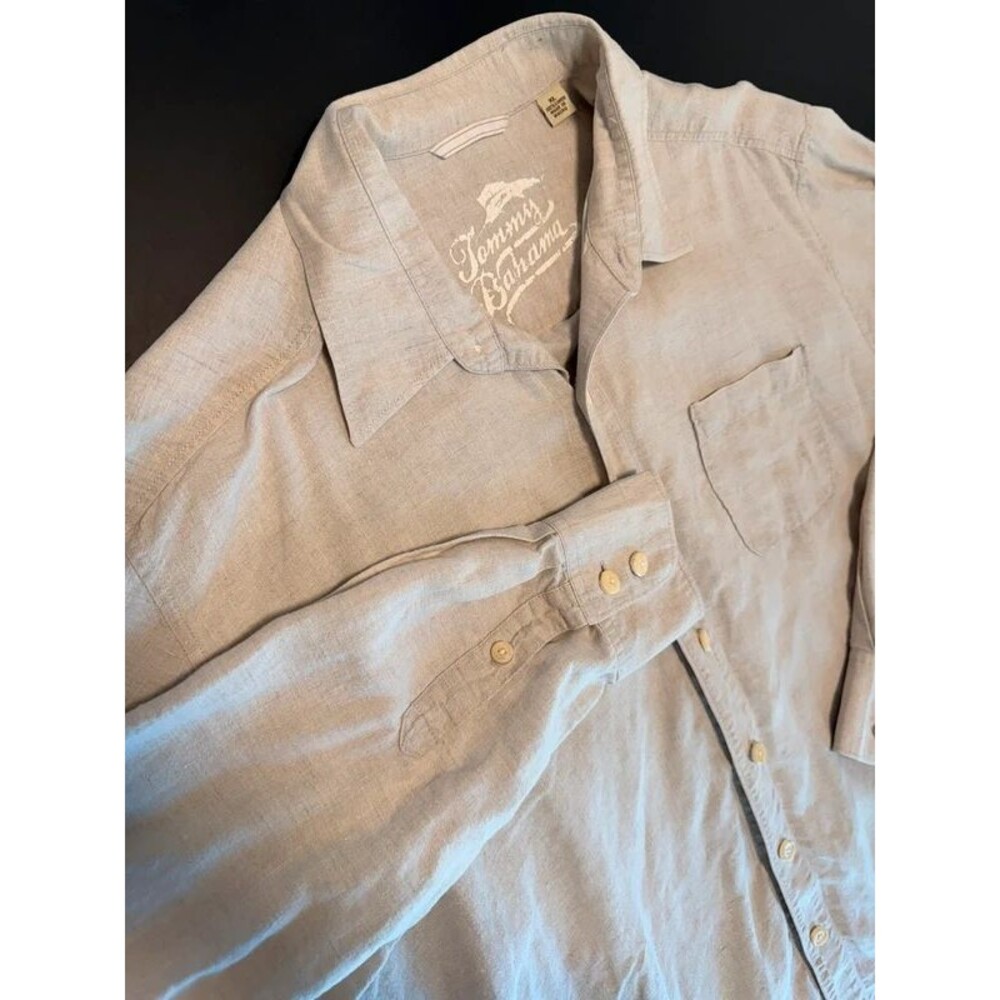 Tommy Bahama Relax Mens XL 100% Linen Button Down Shirt Beige Long Sleeve